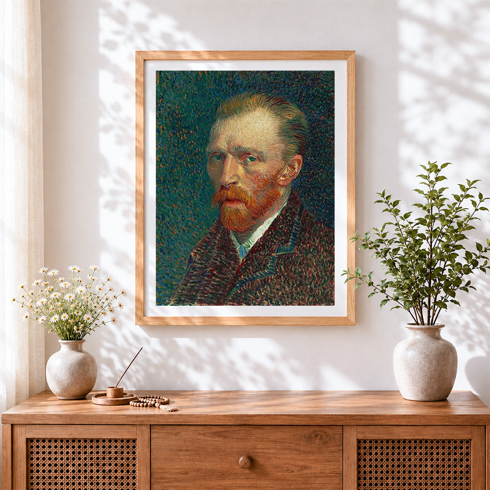 Finished van gogh self-portrait cross stitch artwork displayed