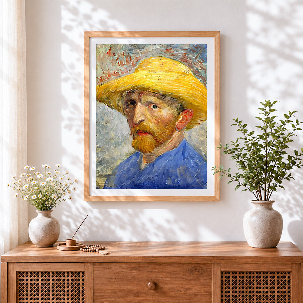 Finished van gogh self-portrait with straw hat cross stitch artwork displayed