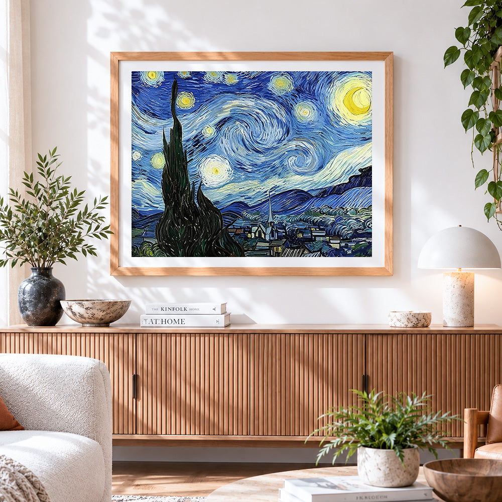 Finished van gogh starry night cross stitch artwork displayed