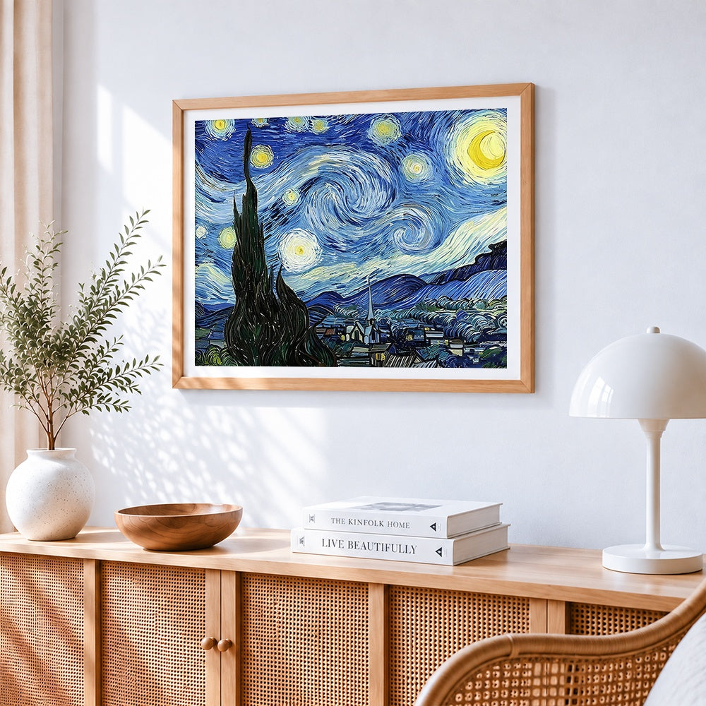Van gogh starry night cross stitch artwork displayed on wall as home decor