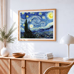 Van gogh starry night cross stitch artwork displayed on wall as home decor