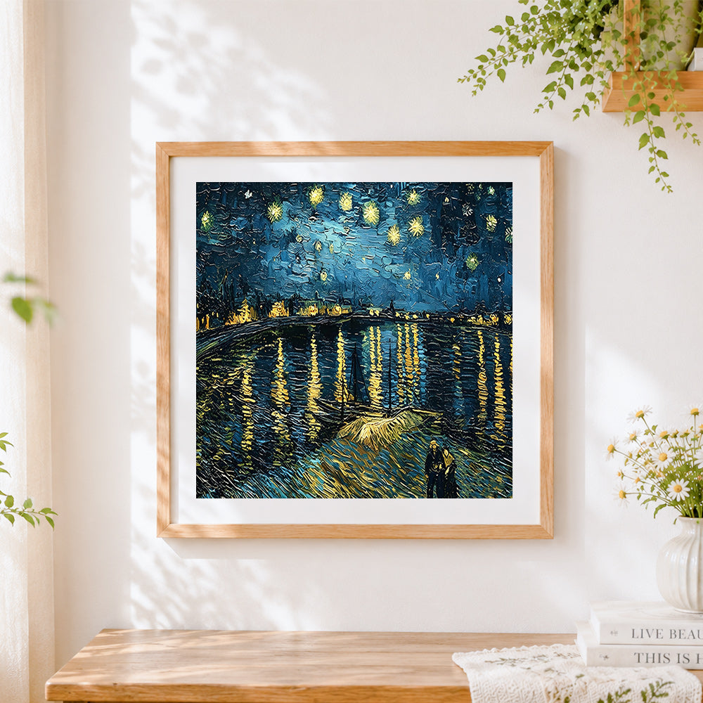 Finished van gogh starry night over the rhone cross stitch artwork displayed