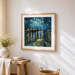 Van gogh starry night over the rhone cross stitch artwork displayed on wall as home decor