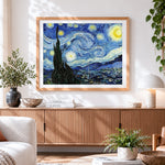 Finished van gogh starry night paint by numbers artwork displayed as home decor