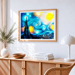 Van gogh starry night village cross stitch artwork displayed on wall as home decor
