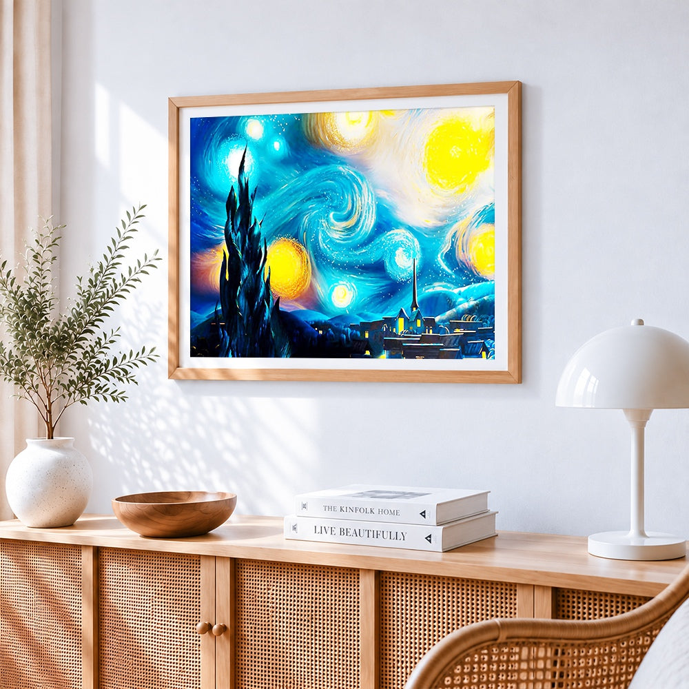 Van gogh starry night village cross stitch artwork displayed on wall as home decor