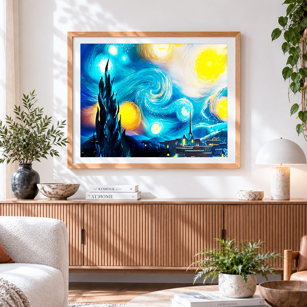 Finished van gogh starry night village paint by numbers artwork displayed as home decor