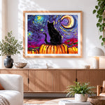 Finished van gogh style black cat and pumpkins cross stitch artwork displayed