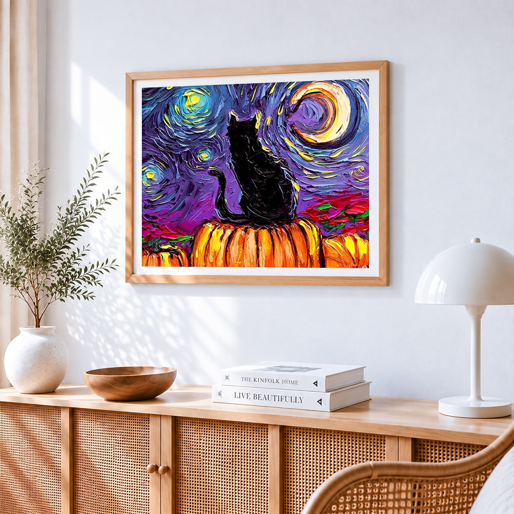 Van gogh style black cat and pumpkins cross stitch artwork displayed on wall as home decor