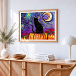 Van gogh style black cat and pumpkins cross stitch artwork displayed on wall as home decor