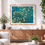 Finished van gogh style blossoming almond tree cross stitch artwork displayed