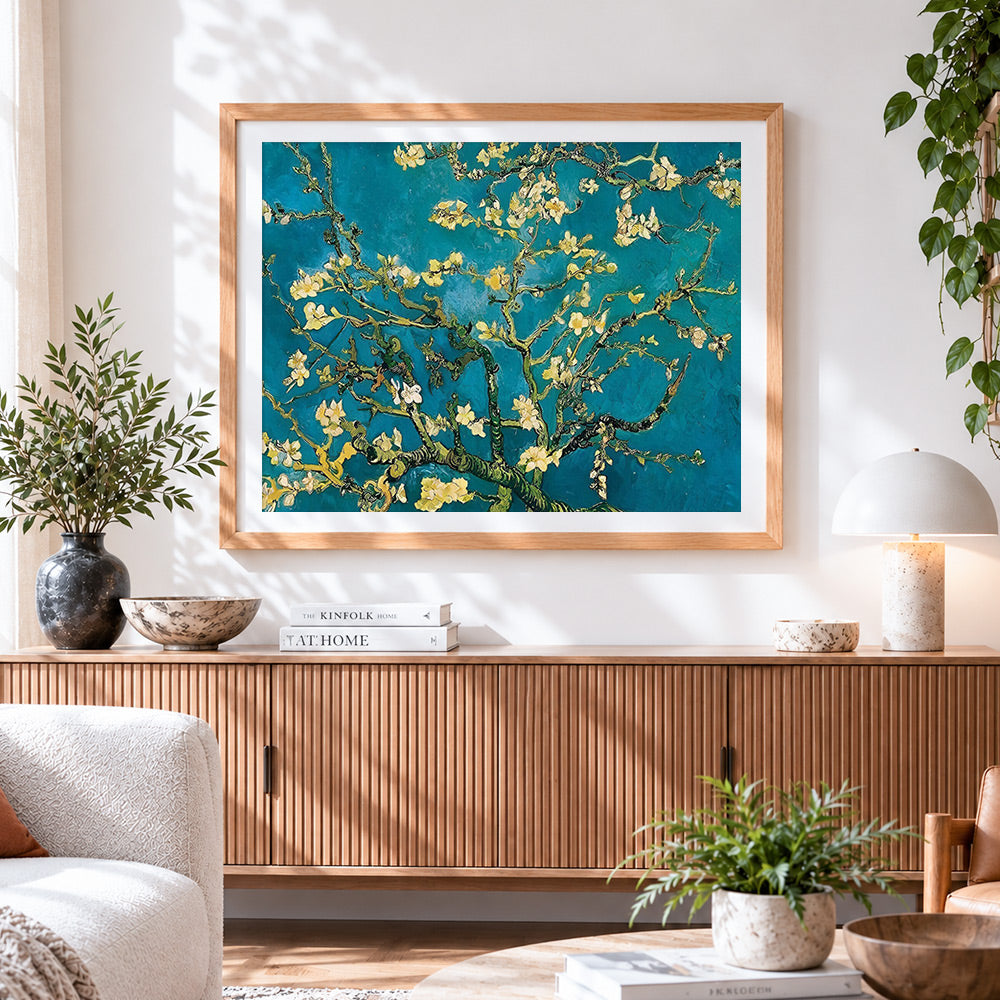 Finished van gogh style blossoming almond tree cross stitch artwork displayed