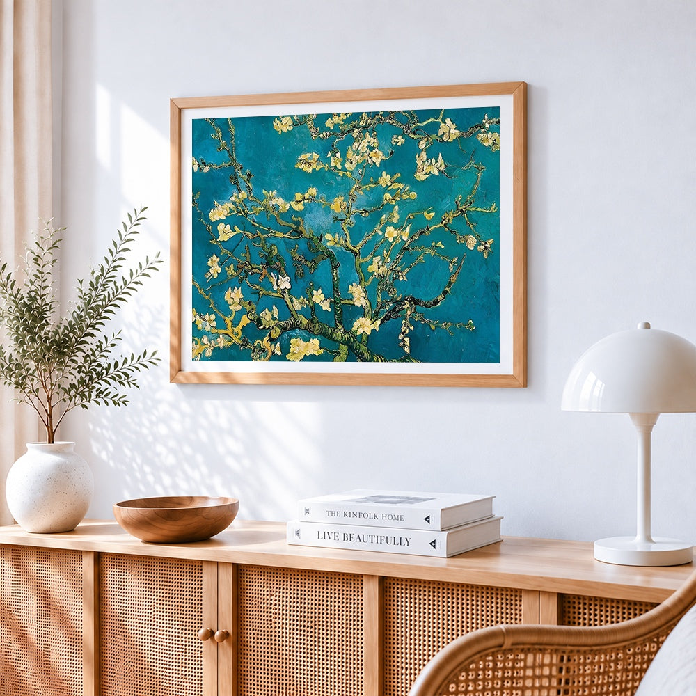 Van gogh style blossoming almond tree cross stitch artwork displayed on wall as home decor
