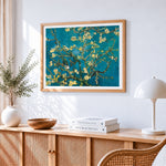 Van gogh style blossoming almond tree cross stitch artwork displayed on wall as home decor