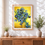 Finished van gogh style blue irises cross stitch artwork displayed