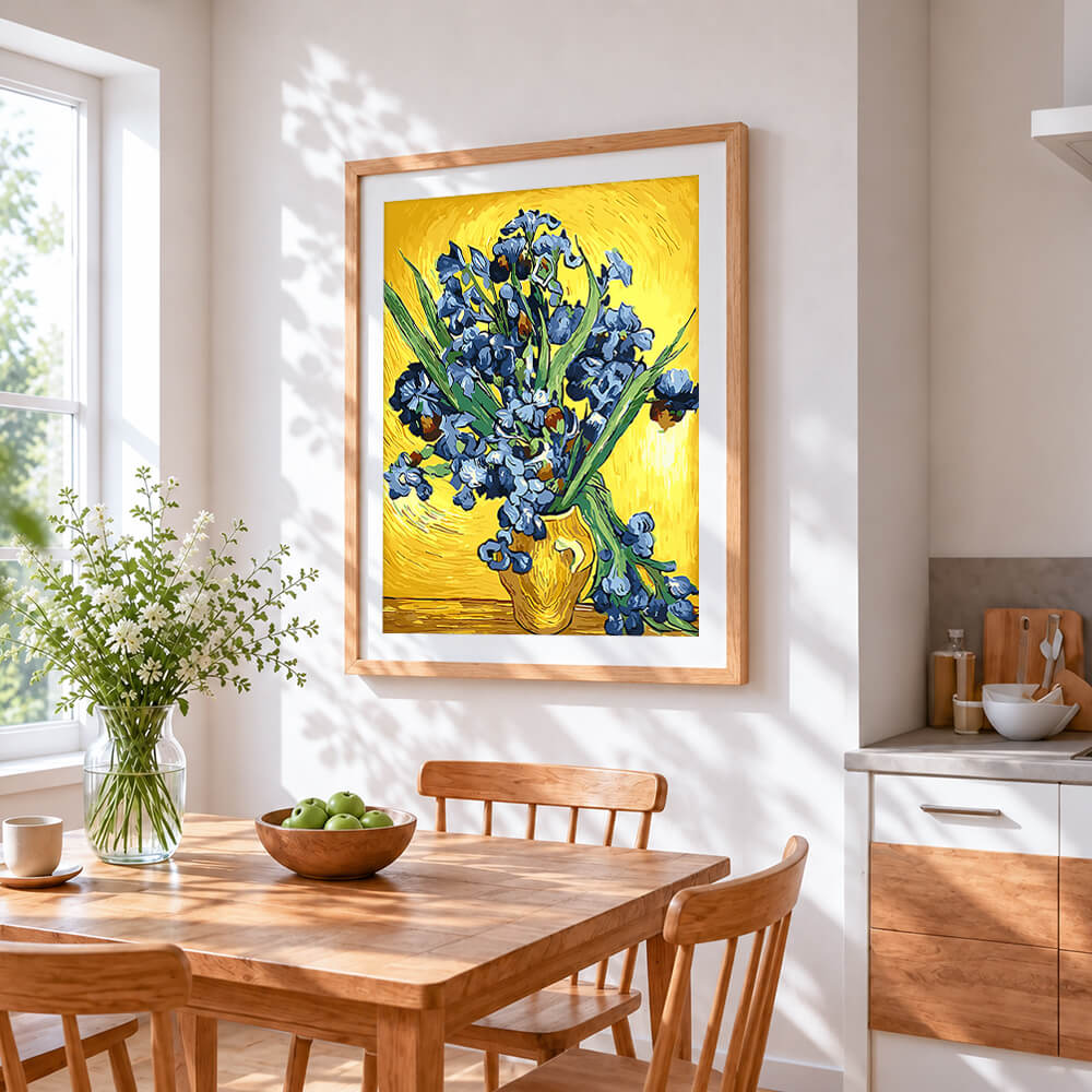 Van gogh style blue irises cross stitch artwork displayed on wall as home decor