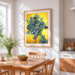 Van gogh style blue irises cross stitch artwork displayed on wall as home decor