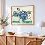 Van gogh style blue irises in a vase cross stitch artwork displayed on wall as home decor