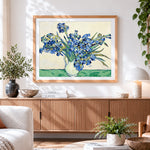 Finished van gogh style blue irises in a vase paint by numbers artwork displayed as home decor