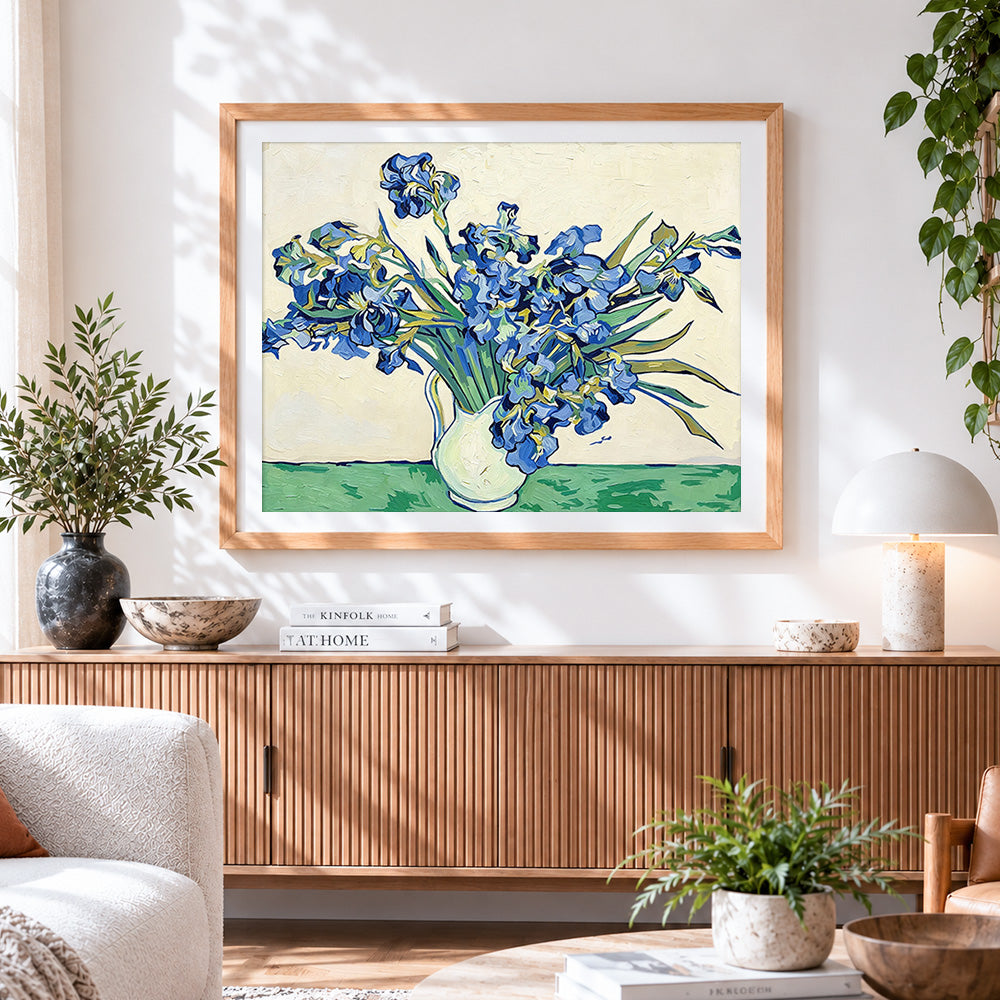 Finished van gogh style blue irises in a vase paint by numbers artwork displayed as home decor