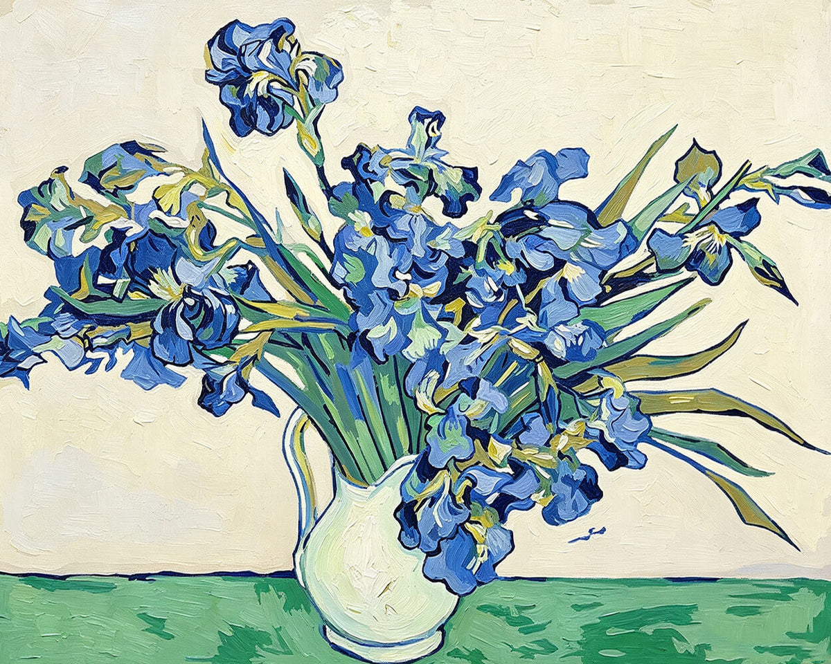 Van gogh style blue irises in a vase paint by numbers kit for beginners