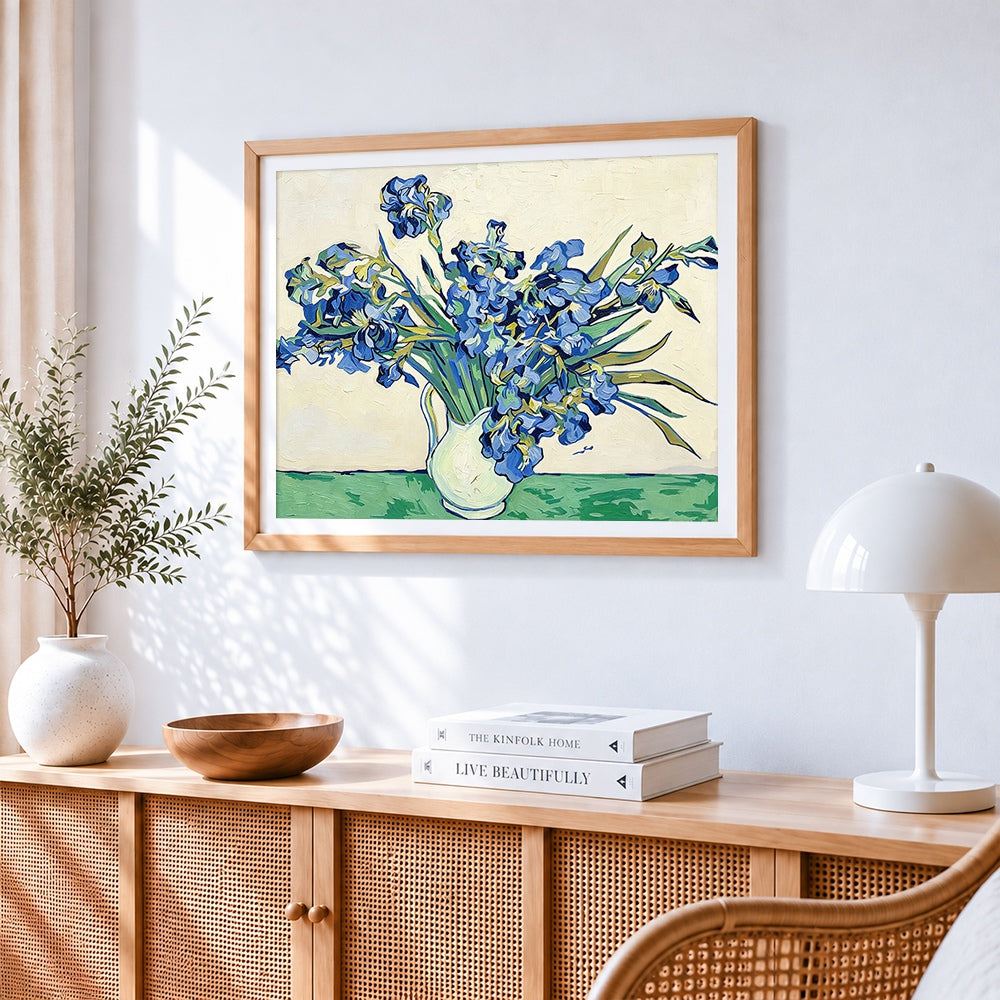 Van gogh style blue irises in a vase paint by numbers artwork displayed on wall as home decor