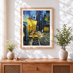 Finished van gogh style cafe terrace at night paint by numbers artwork displayed as home decor