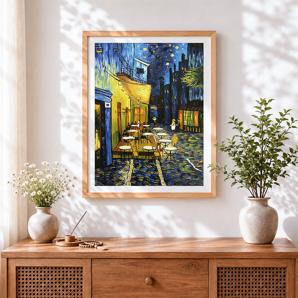 Finished van gogh style cafe terrace at night paint by numbers artwork displayed as home decor
