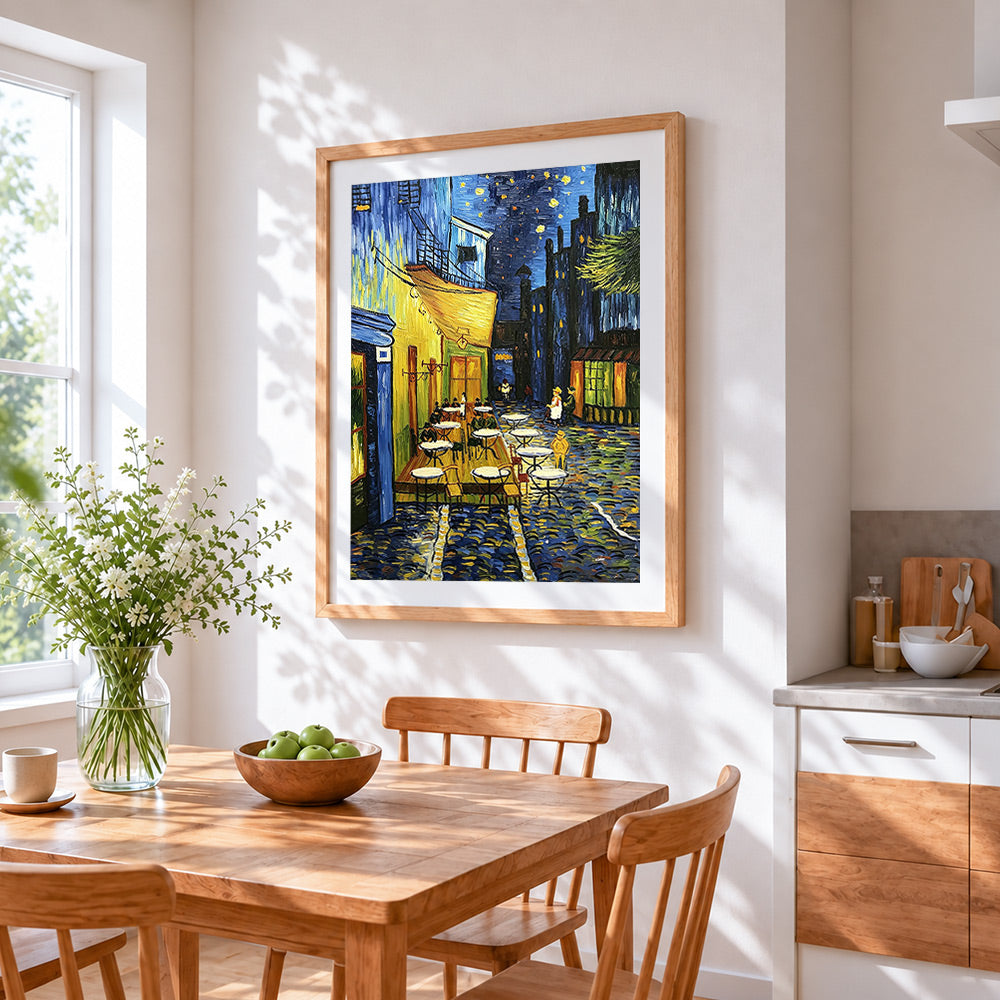 Van gogh style cafe terrace at night paint by numbers artwork displayed on wall as home decor