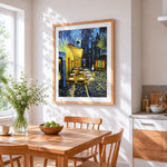 Van gogh style cafe terrace at night paint by numbers artwork displayed on wall as home decor