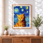 Finished van gogh style cat cross stitch artwork displayed