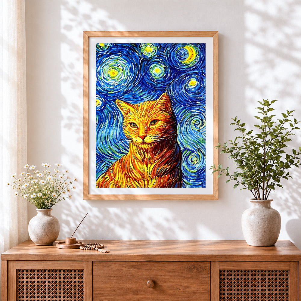 Finished van gogh style cat cross stitch artwork displayed