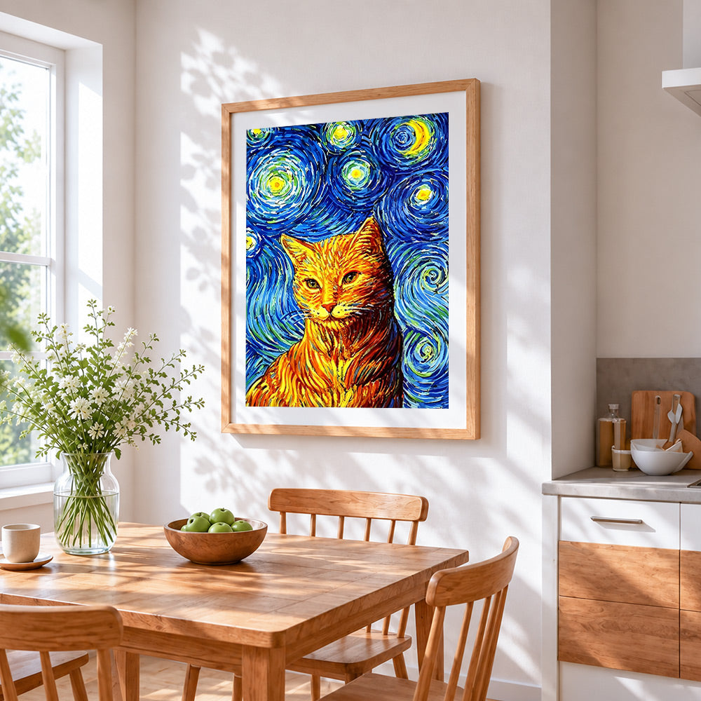Van gogh style cat cross stitch artwork displayed on wall as home decor