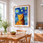 Van gogh style cat cross stitch artwork displayed on wall as home decor