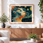Finished van gogh style cat in starry night cross stitch artwork displayed