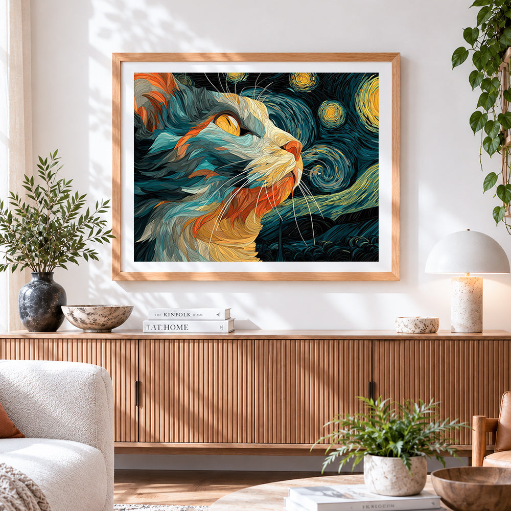 Finished van gogh style cat in starry night cross stitch artwork displayed