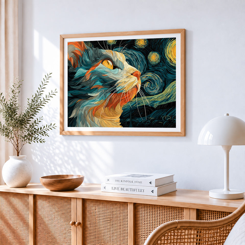 Van gogh style cat in starry night cross stitch artwork displayed on wall as home decor