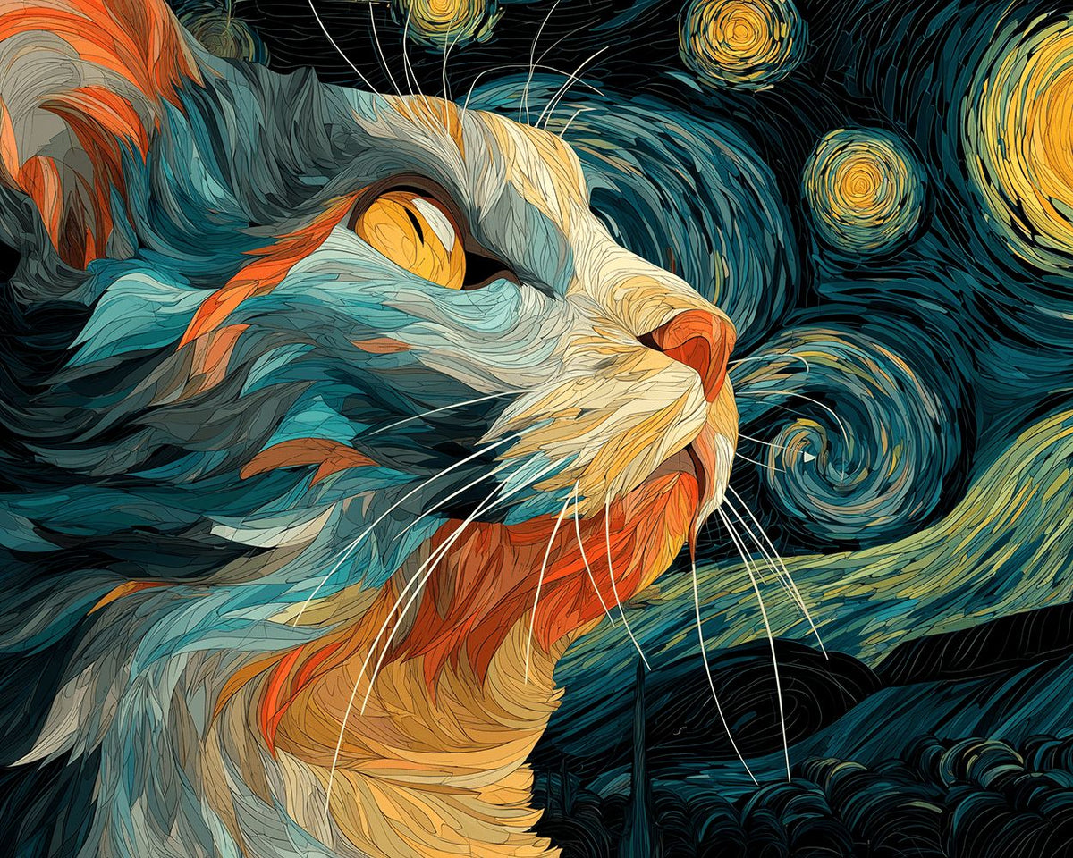 Van gogh style cat in starry night paint by numbers kit for beginners