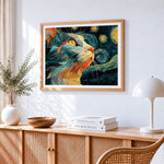 Van gogh style cat in starry night paint by numbers artwork displayed on wall as home decor