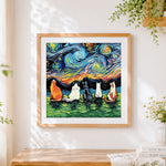 Finished van gogh style cats watching starry night cross stitch artwork displayed