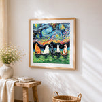 Van gogh style cats watching starry night cross stitch artwork displayed on wall as home decor