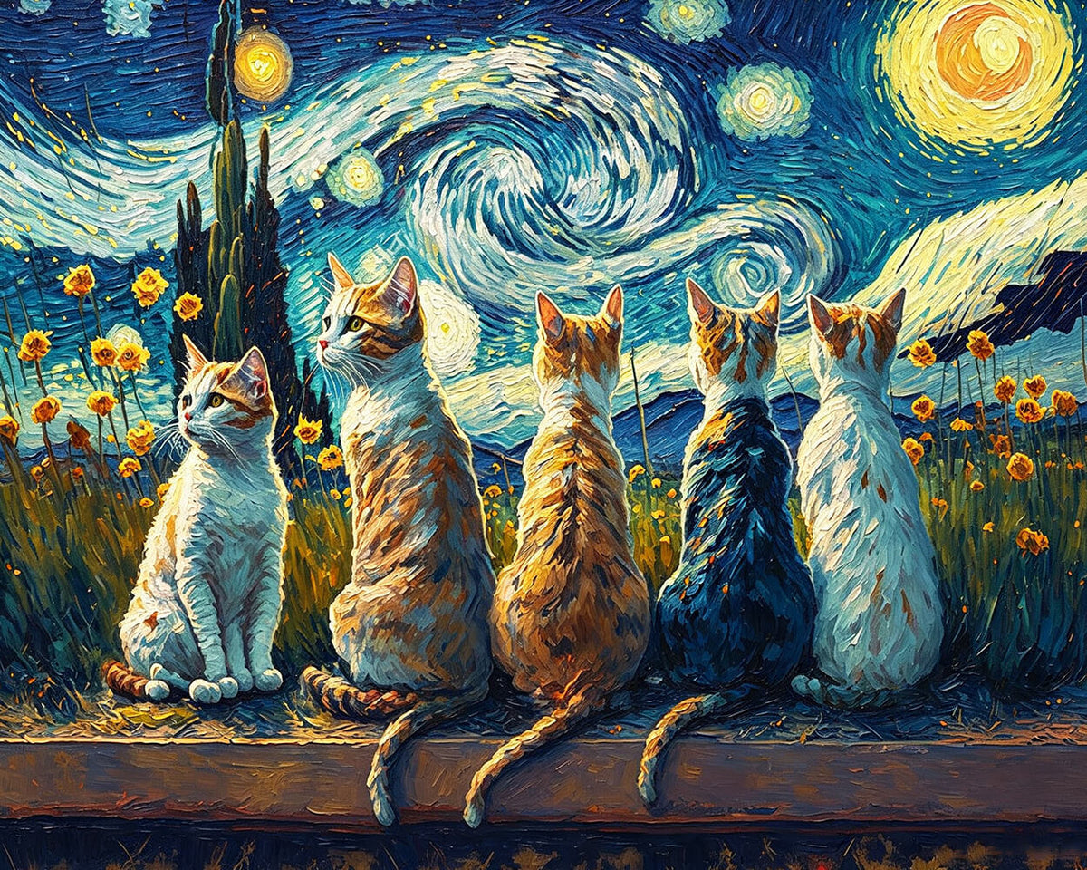 Van gogh style cats watching the starry night cross stitch kit for beginners