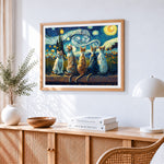 Van gogh style cats watching the starry night cross stitch artwork displayed on wall as home decor