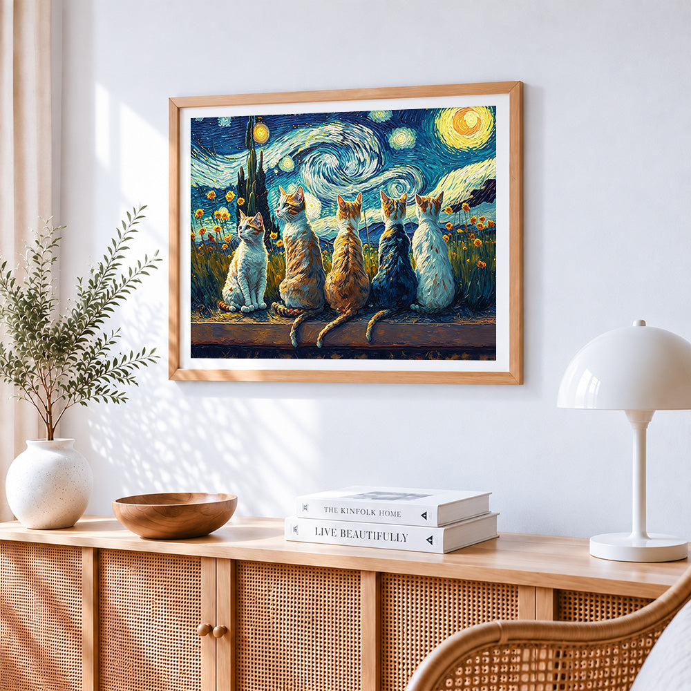 Van gogh style cats watching the starry night cross stitch artwork displayed on wall as home decor