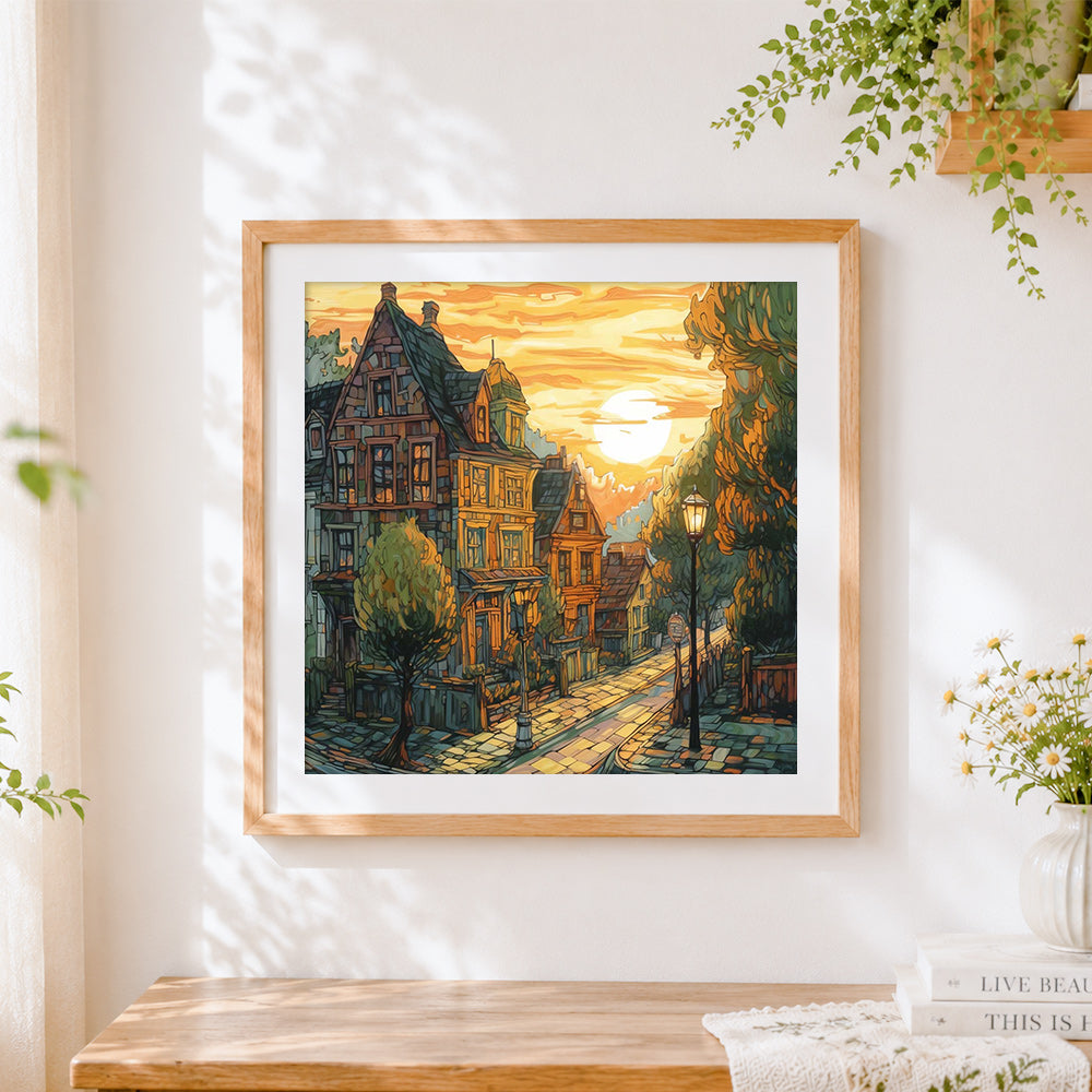 Finished van gogh style city cross stitch artwork displayed