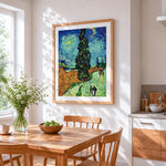Van gogh style cypress trees cross stitch artwork displayed on wall as home decor