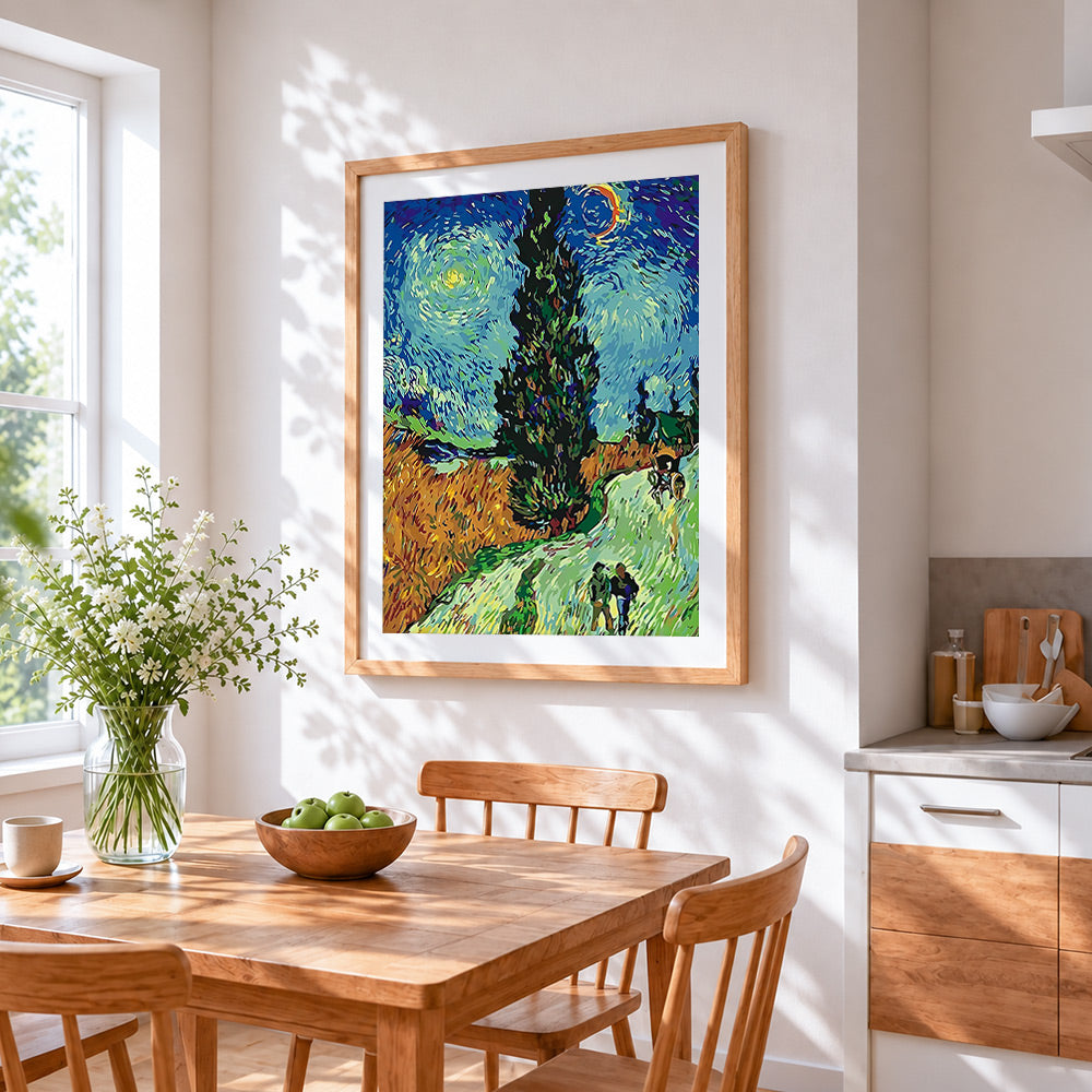 Van gogh style cypress trees cross stitch artwork displayed on wall as home decor