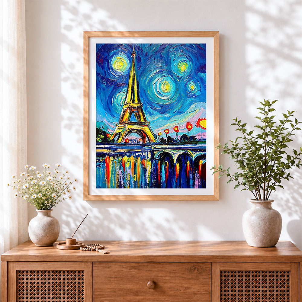 Finished van gogh style eiffel tower cross stitch artwork displayed