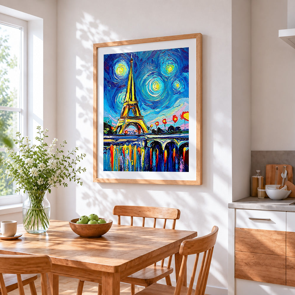 Van gogh style eiffel tower cross stitch artwork displayed on wall as home decor