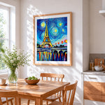Van gogh style eiffel tower cross stitch artwork displayed on wall as home decor